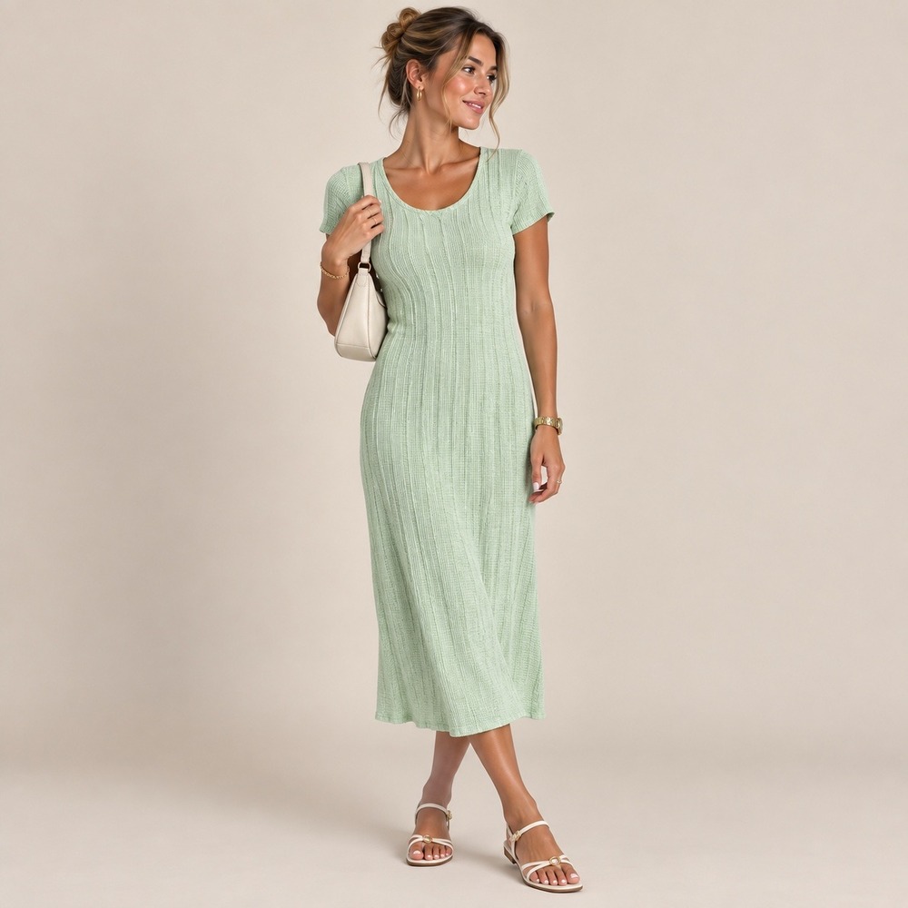 JG Hook Vintage 90s Green Gingham Cottage Midi Dress Tie Back Short Sleeve Small